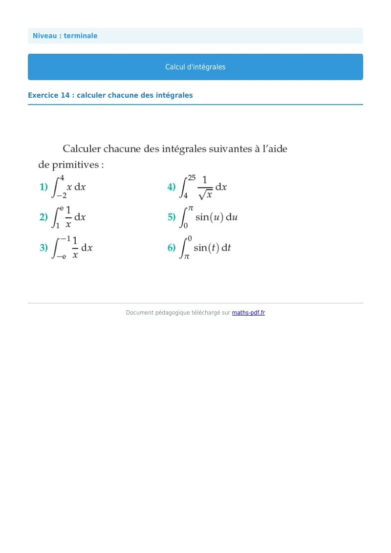 Les intégrales : exercice n°14 de maths en terminale corrigé en PDF