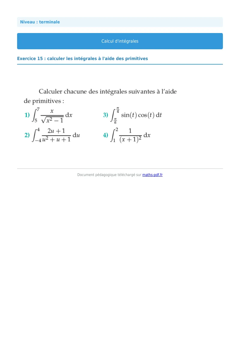 Les intégrales : exercice n°15 de maths en terminale corrigé en PDF