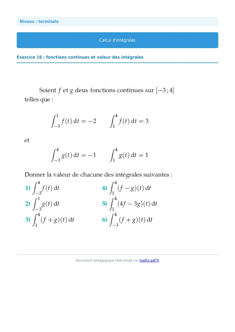 Les intégrales : exercice n°16 de maths en terminale corrigé en PDF