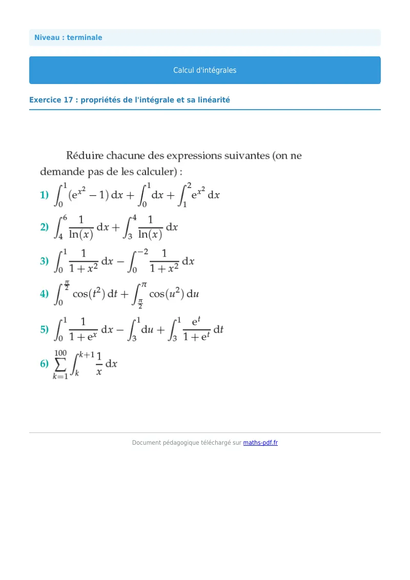 Les intégrales : exercice n°17 de maths en terminale corrigé en PDF