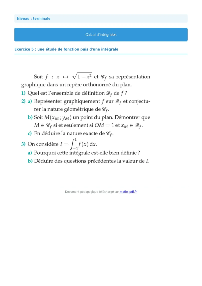 Les intégrales : exercice n°5 de maths en terminale corrigé en PDF