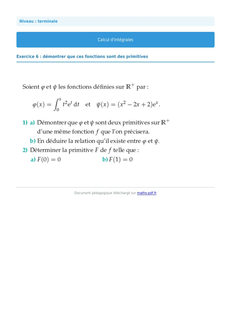 Les intégrales : exercice n°6 de maths en terminale corrigé en PDF
