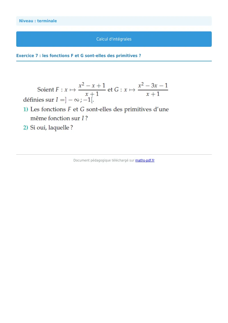 Les intégrales : exercice n°7 de maths en terminale corrigé en PDF