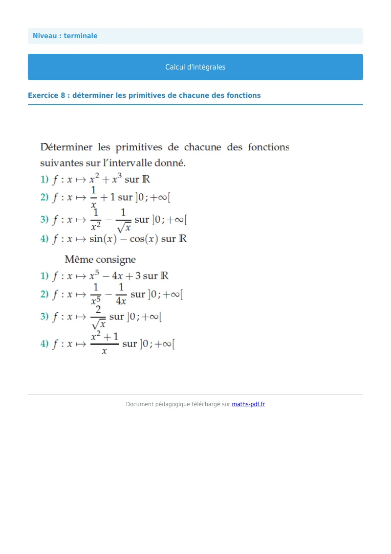 Les intégrales : exercice n°8 de maths en terminale corrigé en PDF