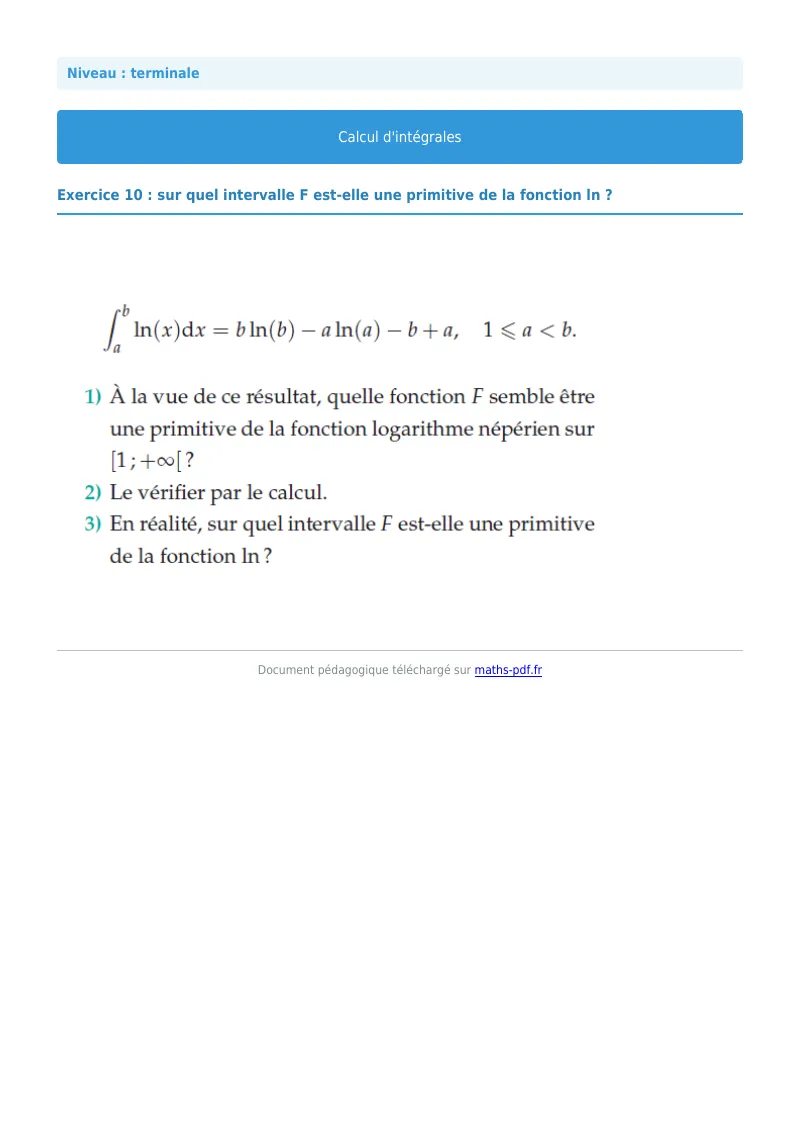 Les intégrales : exercice n°10 de maths en terminale corrigé en PDF