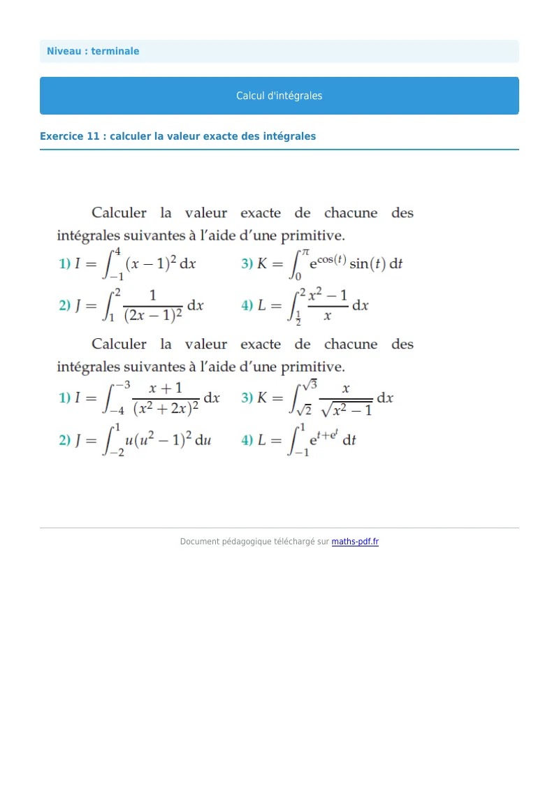 Les intégrales : exercice n°11 de maths en terminale corrigé en PDF