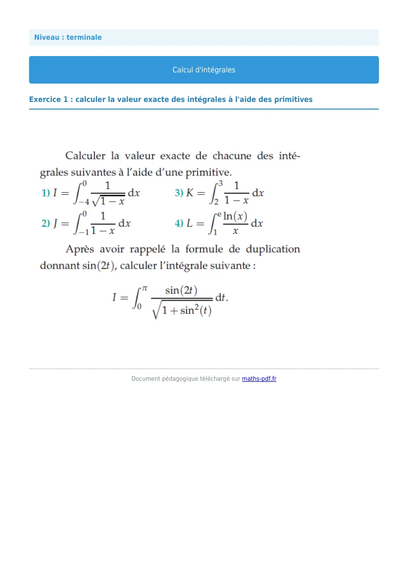 Les intégrales : exercice n°1 de maths en terminale corrigé en PDF