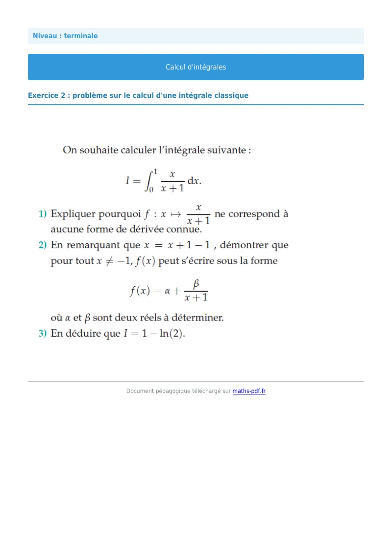 Les intégrales : exercice n°2 de maths en terminale corrigé en PDF