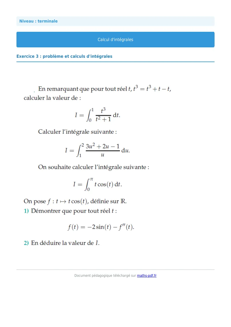 Les intégrales : exercice n°3 de maths en terminale corrigé en PDF