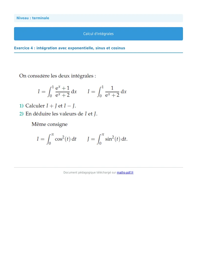 Les intégrales : exercice n°4 de maths en terminale corrigé en PDF