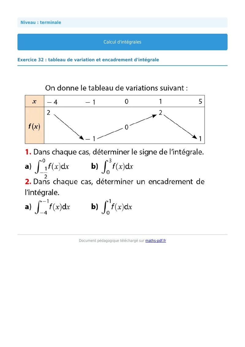 Les intégrales : exercice n°32 de maths en terminale corrigé en PDF