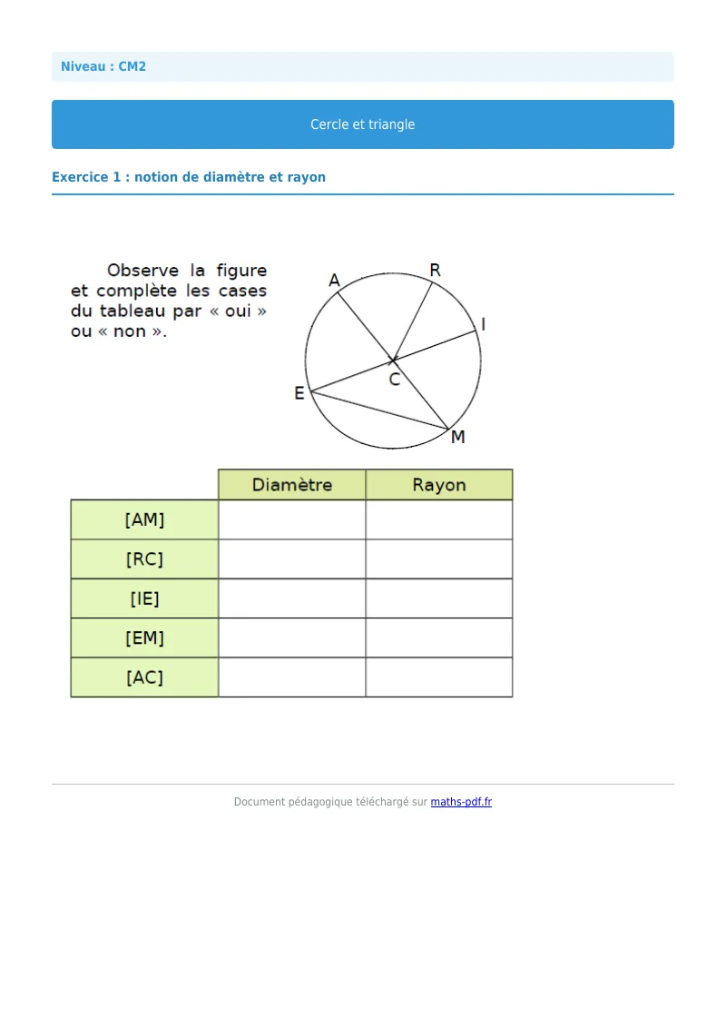 Cercle et triangle : exercice n°1 de maths en CM2 corrigé en PDF