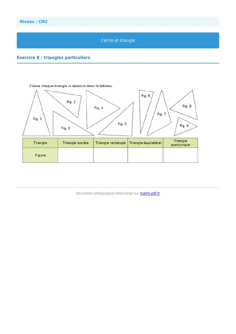 Cercle et triangle : exercice n°8 de maths en CM2 corrigé en PDF