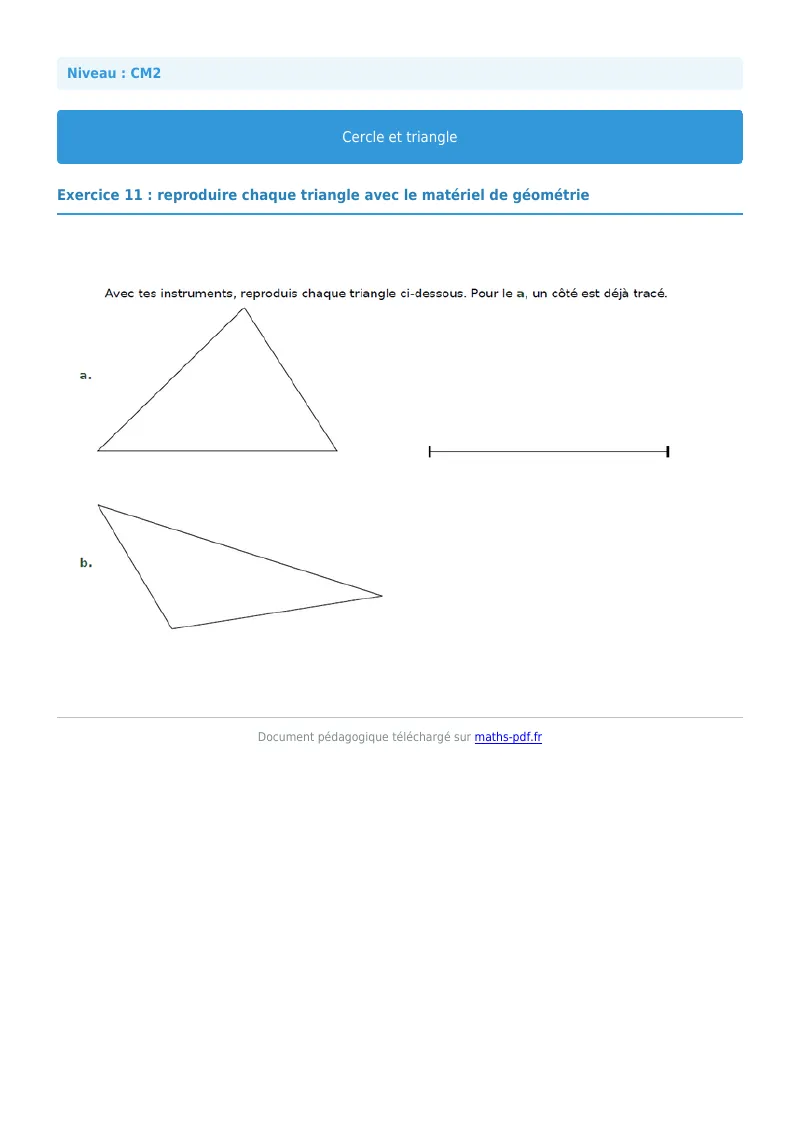 Cercle et triangle : exercice n°11 de maths en CM2 corrigé en PDF