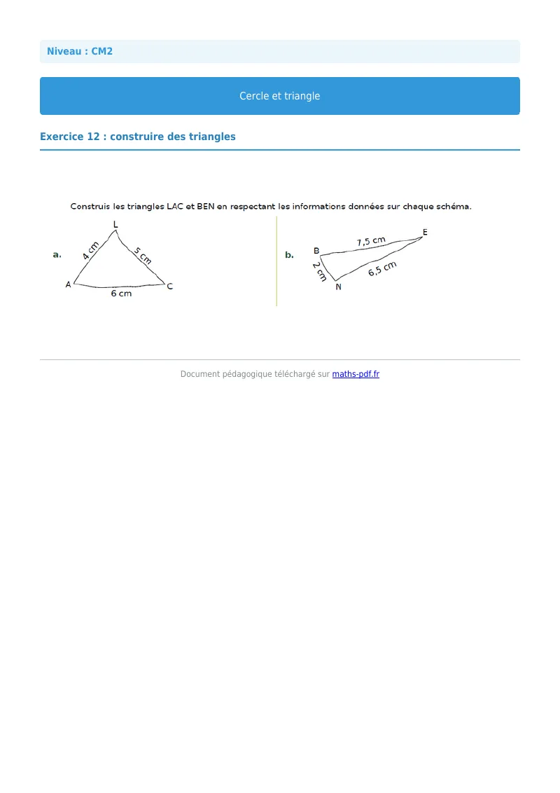 Cercle et triangle : exercice n°12 de maths en CM2 corrigé en PDF
