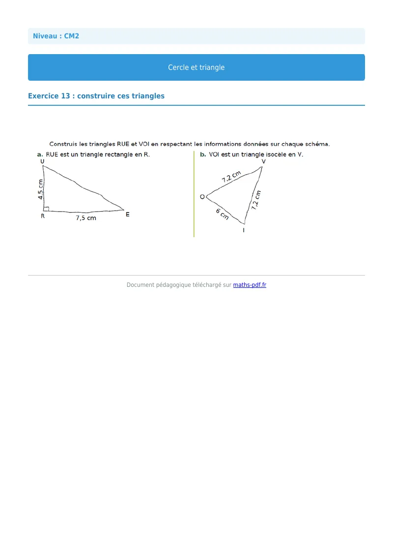 Cercle et triangle : exercice n°13 de maths en CM2 corrigé en PDF