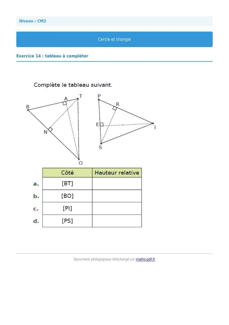 Cercle et triangle : exercice n°14 de maths en CM2 corrigé en PDF