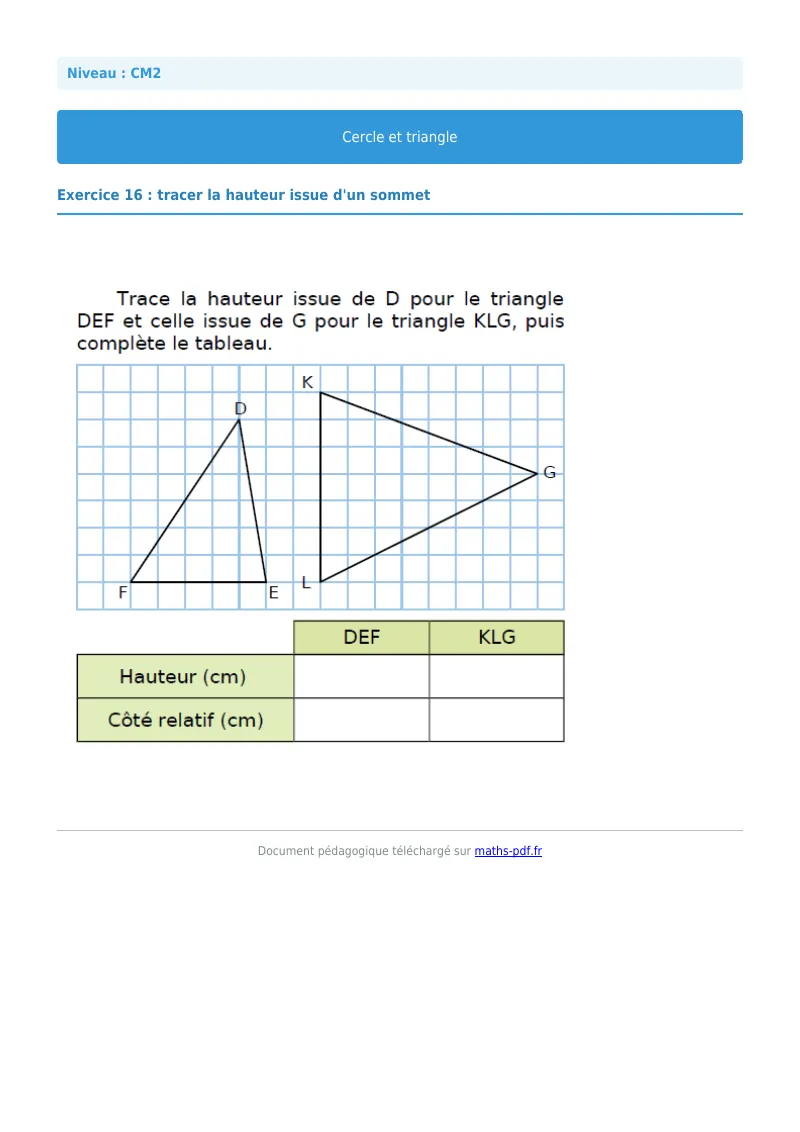 Cercle et triangle : exercice n°16 de maths en CM2 corrigé en PDF
