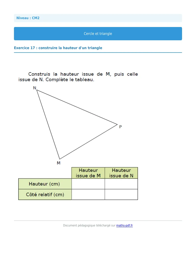 Cercle et triangle : exercice n°17 de maths en CM2 corrigé en PDF