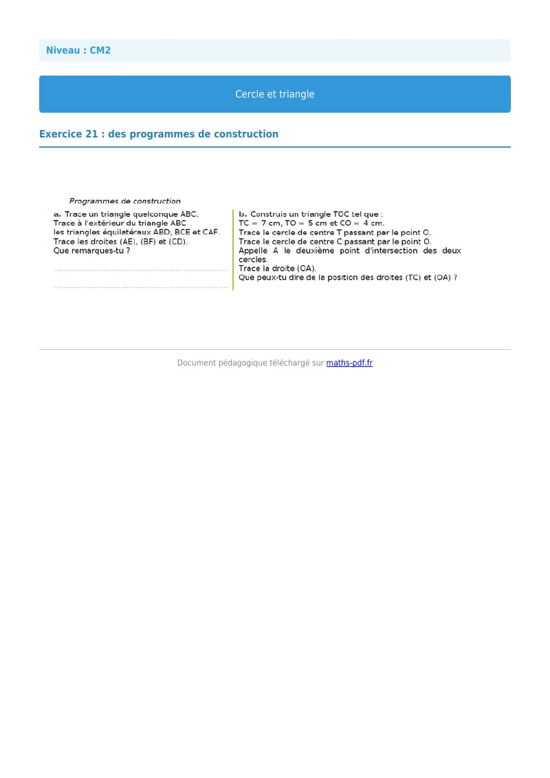 Cercle et triangle : exercice n°21 de maths en CM2 corrigé en PDF