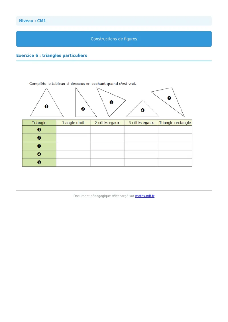 Construction de figures : exercice n°6 de maths en CM1 corrigé en PDF