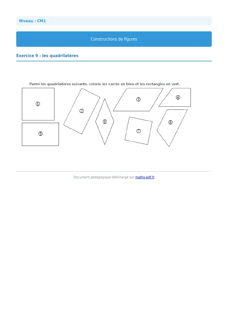 Construction de figures : exercice n°9 de maths en CM1 corrigé en PDF