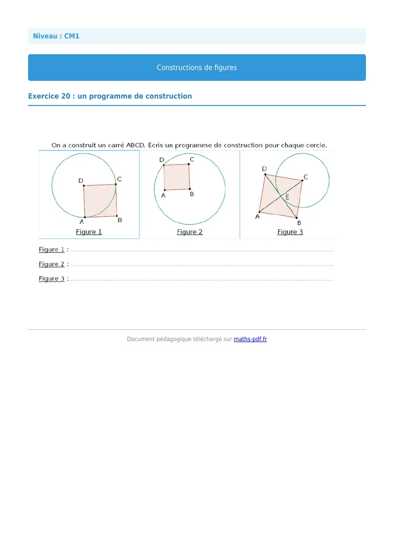 Construction de figures : exercice n°20 de maths en CM1 corrigé en PDF