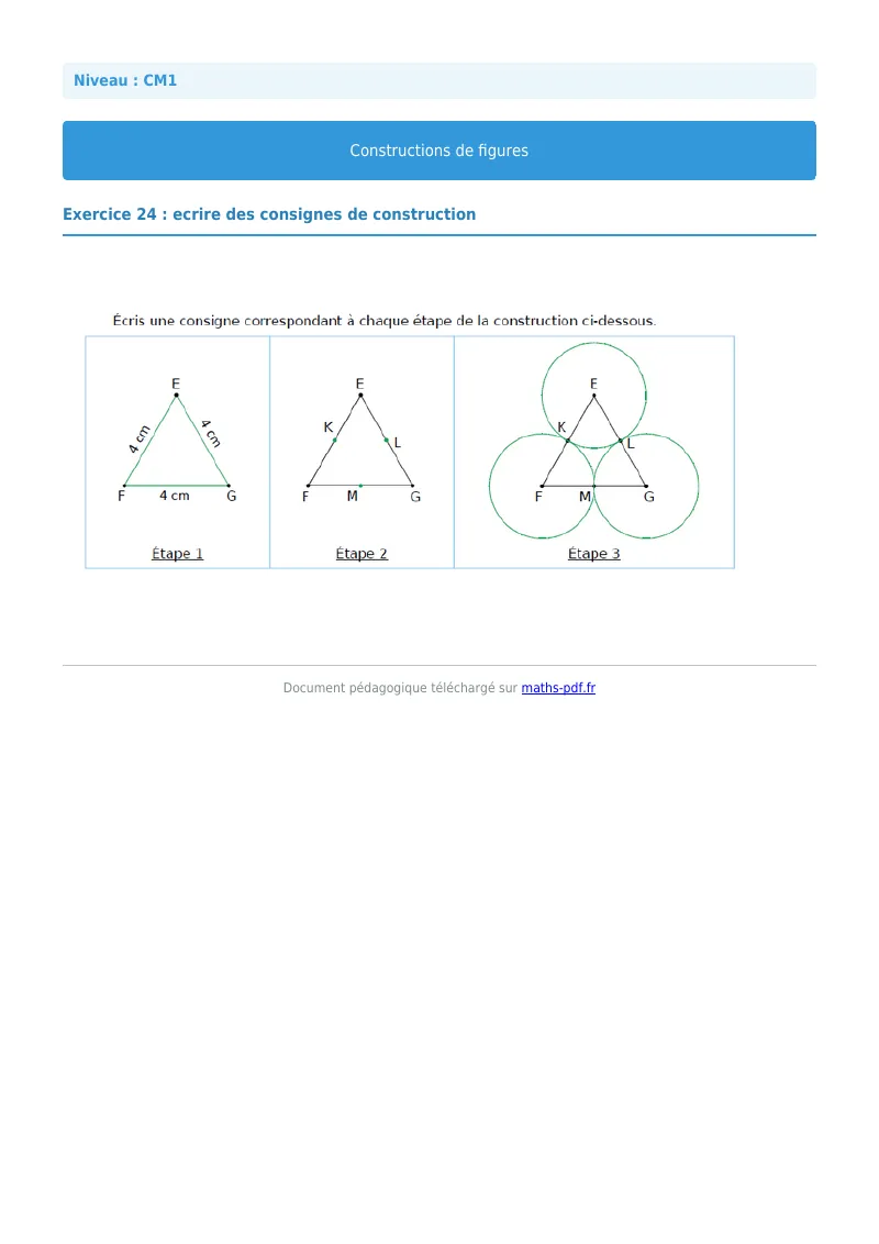 Construction de figures : exercice n°24 de maths en CM1 corrigé en PDF