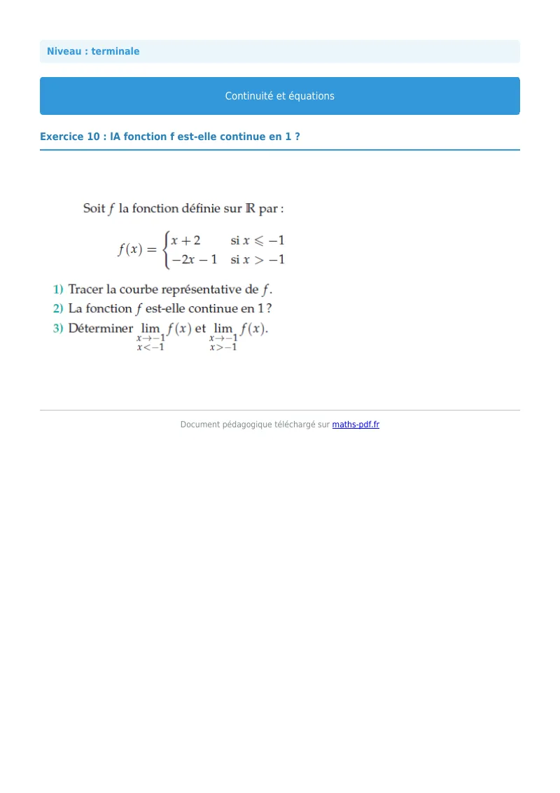 La continuité : exercice n°10 de maths en terminale corrigé en PDF