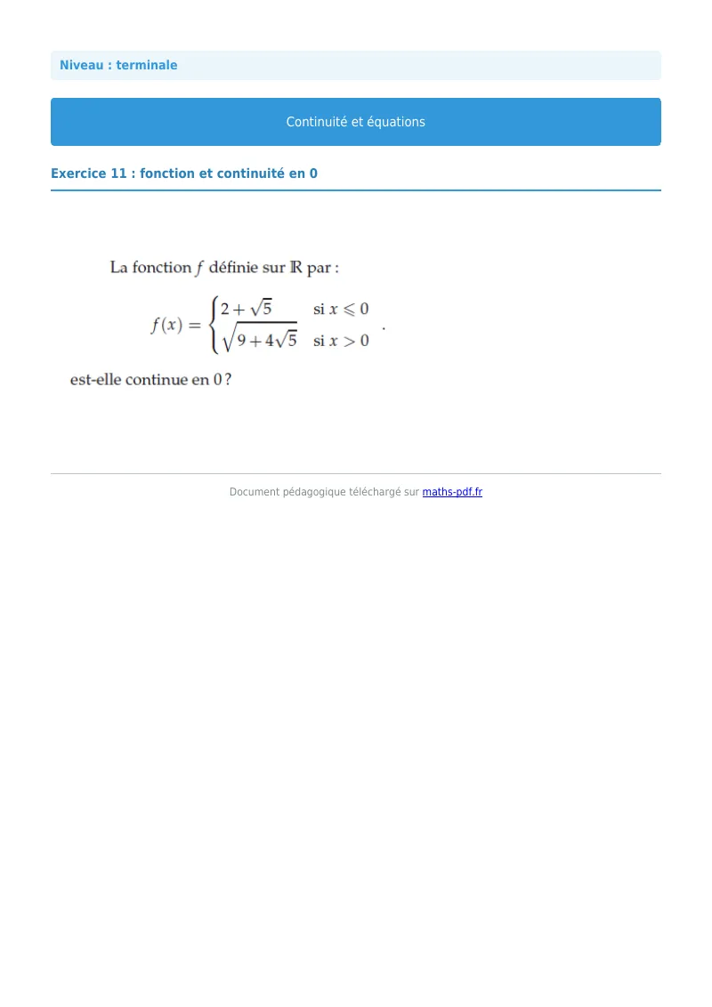 La continuité : exercice n°11 de maths en terminale corrigé en PDF