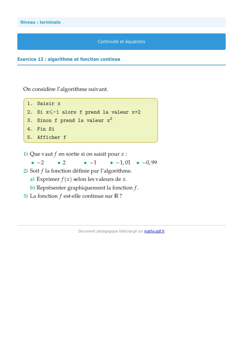 La continuité : exercice n°12 de maths en terminale corrigé en PDF