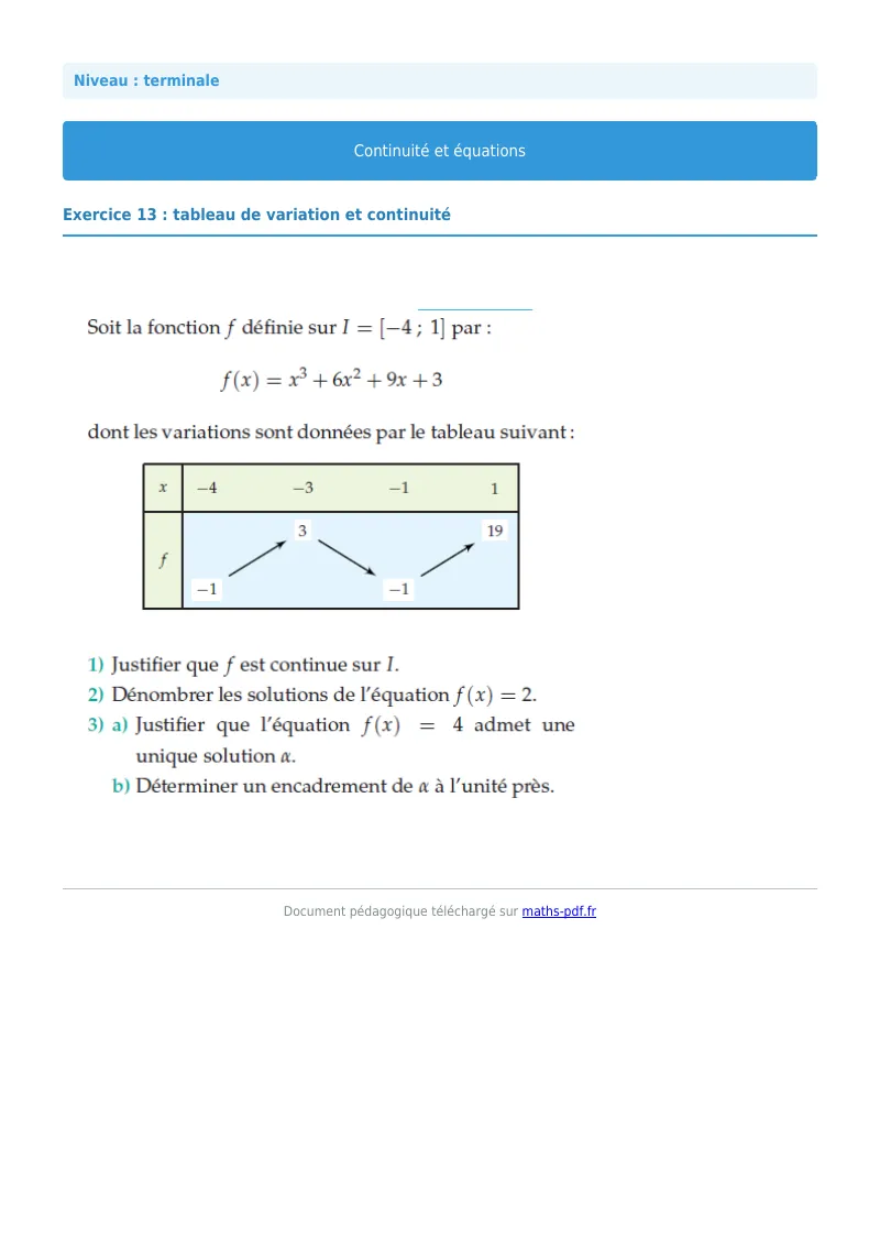 La continuité : exercice n°13 de maths en terminale corrigé en PDF