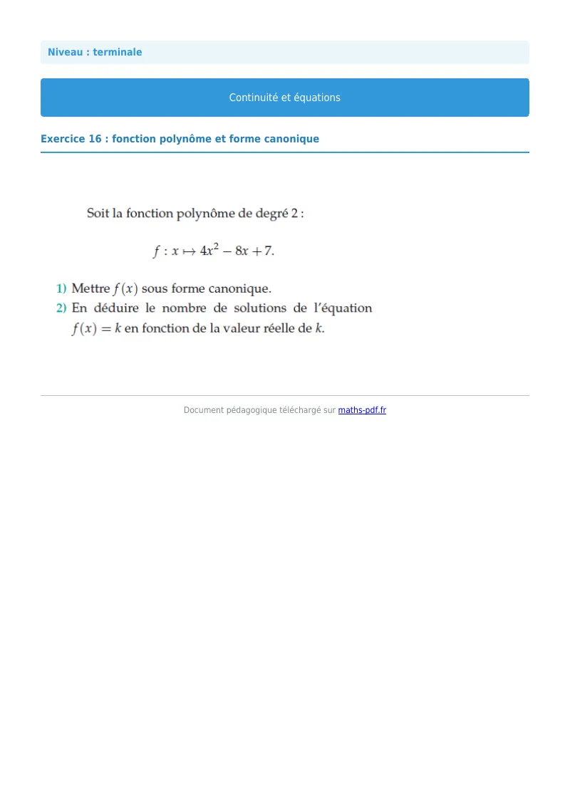 La continuité : exercice n°16 de maths en terminale corrigé en PDF
