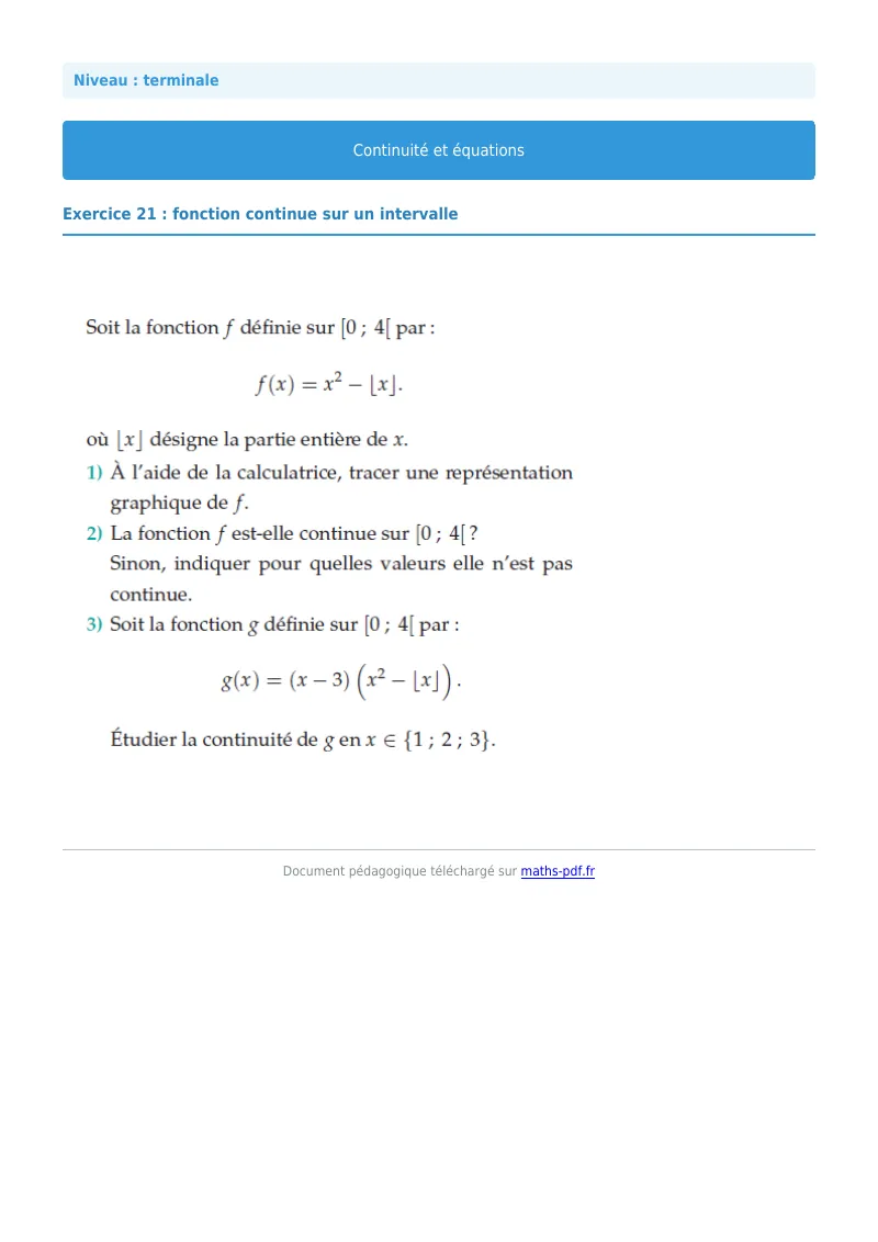 La continuité : exercice n°21 de maths en terminale corrigé en PDF