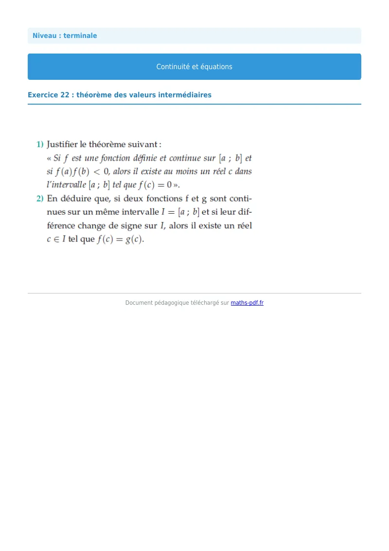 La continuité : exercice n°22 de maths en terminale corrigé en PDF