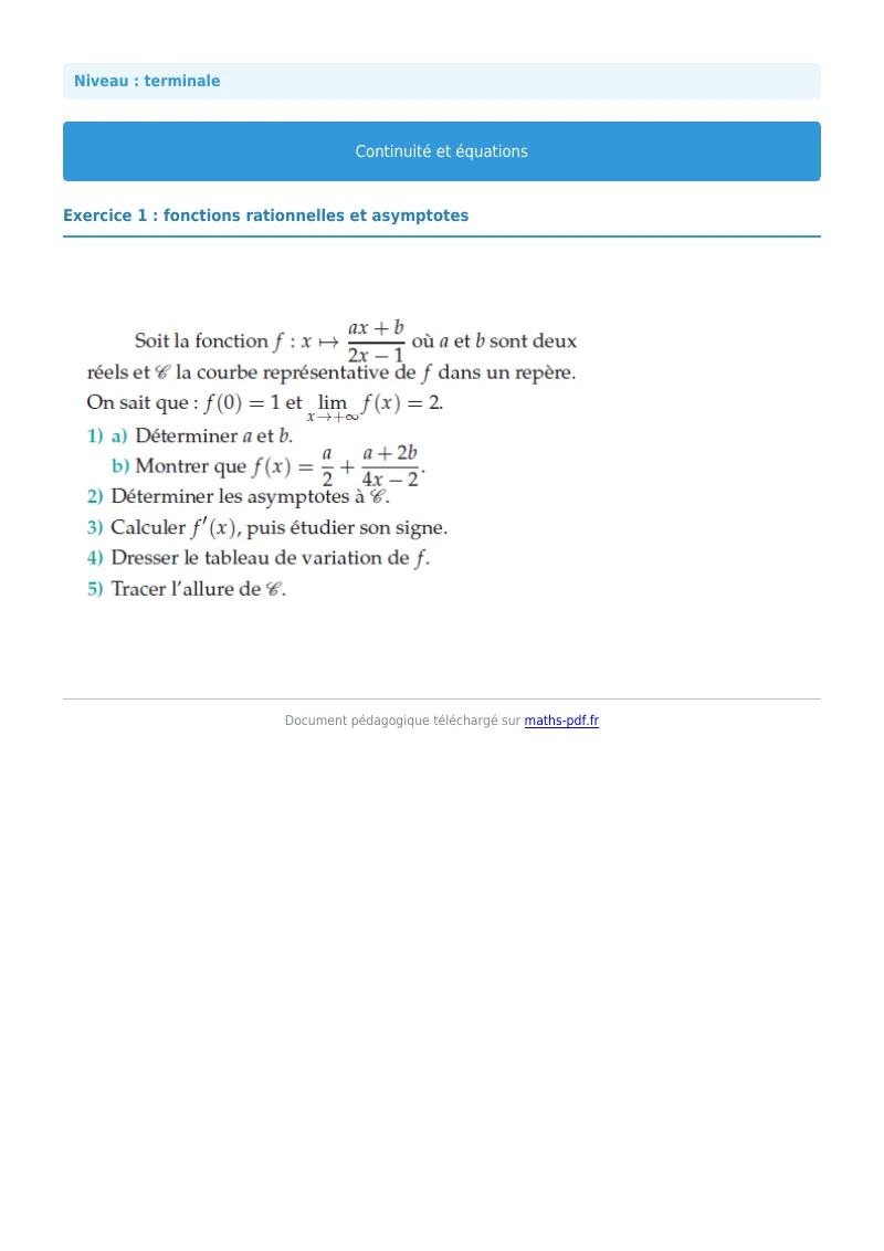 La continuité : exercice n°1 de maths en terminale corrigé en PDF