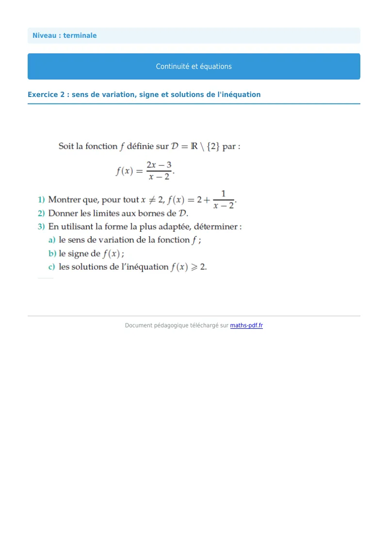 La continuité : exercice n°2 de maths en terminale corrigé en PDF