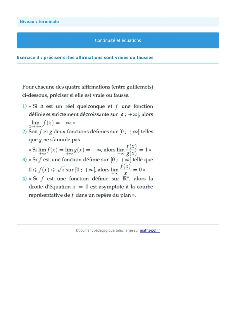 La continuité : exercice n°3 de maths en terminale corrigé en PDF