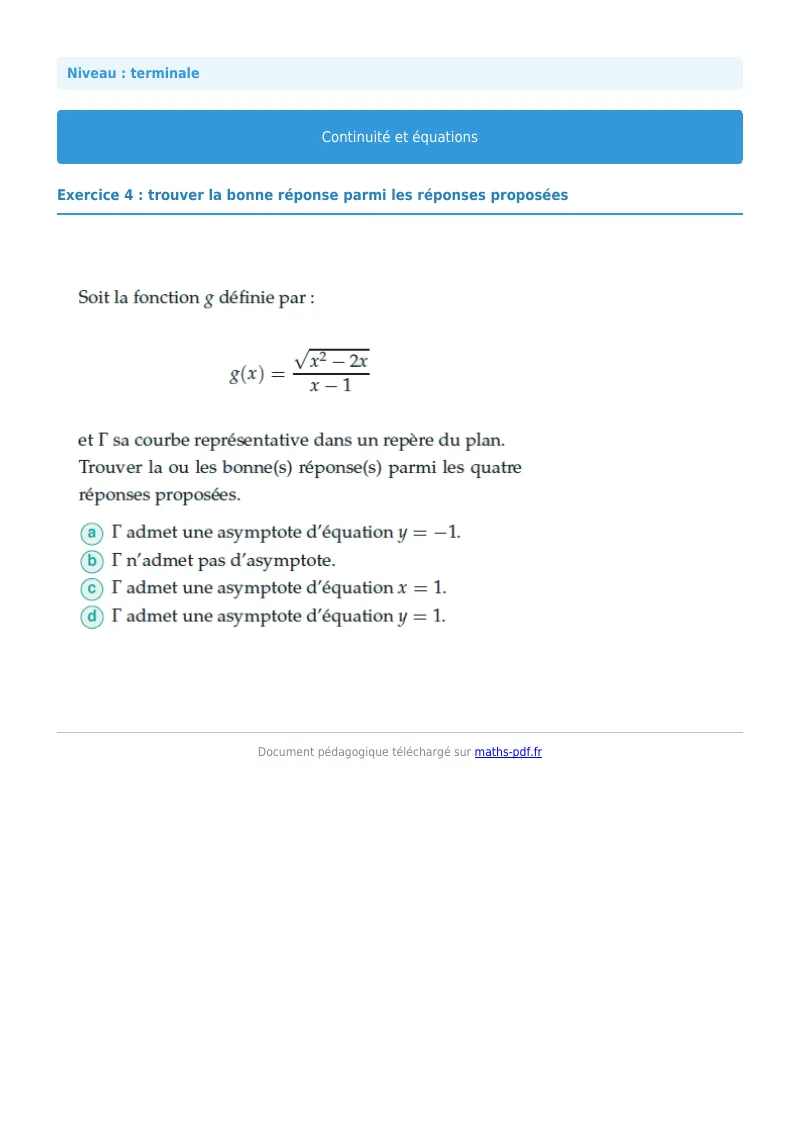 La continuité : exercice n°4 de maths en terminale corrigé en PDF
