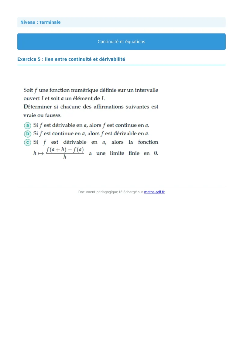 La continuité : exercice n°5 de maths en terminale corrigé en PDF