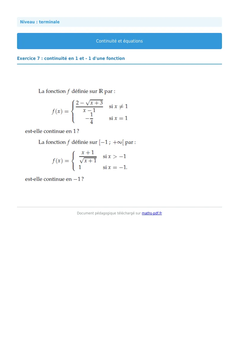 La continuité : exercice n°7 de maths en terminale corrigé en PDF