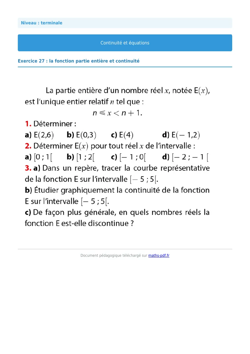 La continuité : exercice n°27 de maths en terminale corrigé en PDF