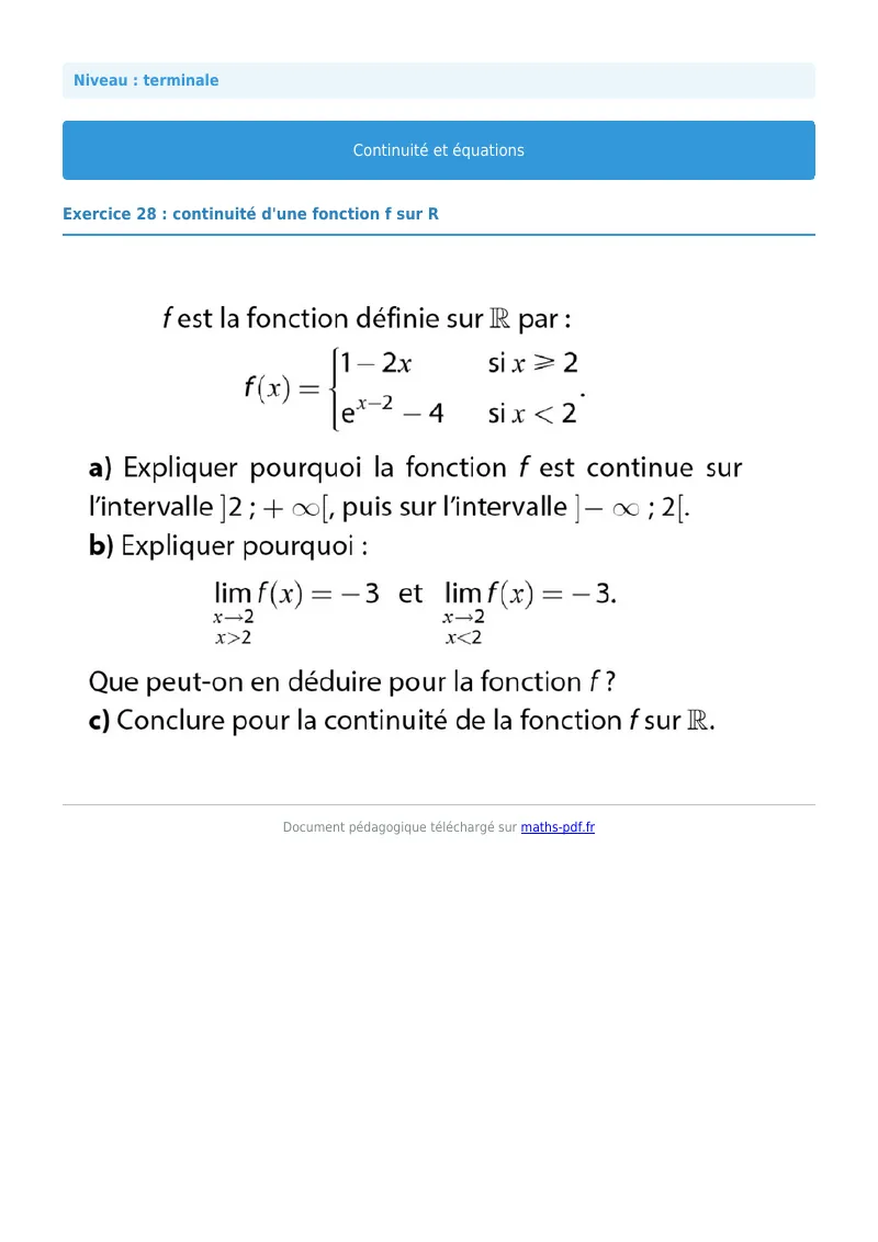 La continuité : exercice n°28 de maths en terminale corrigé en PDF