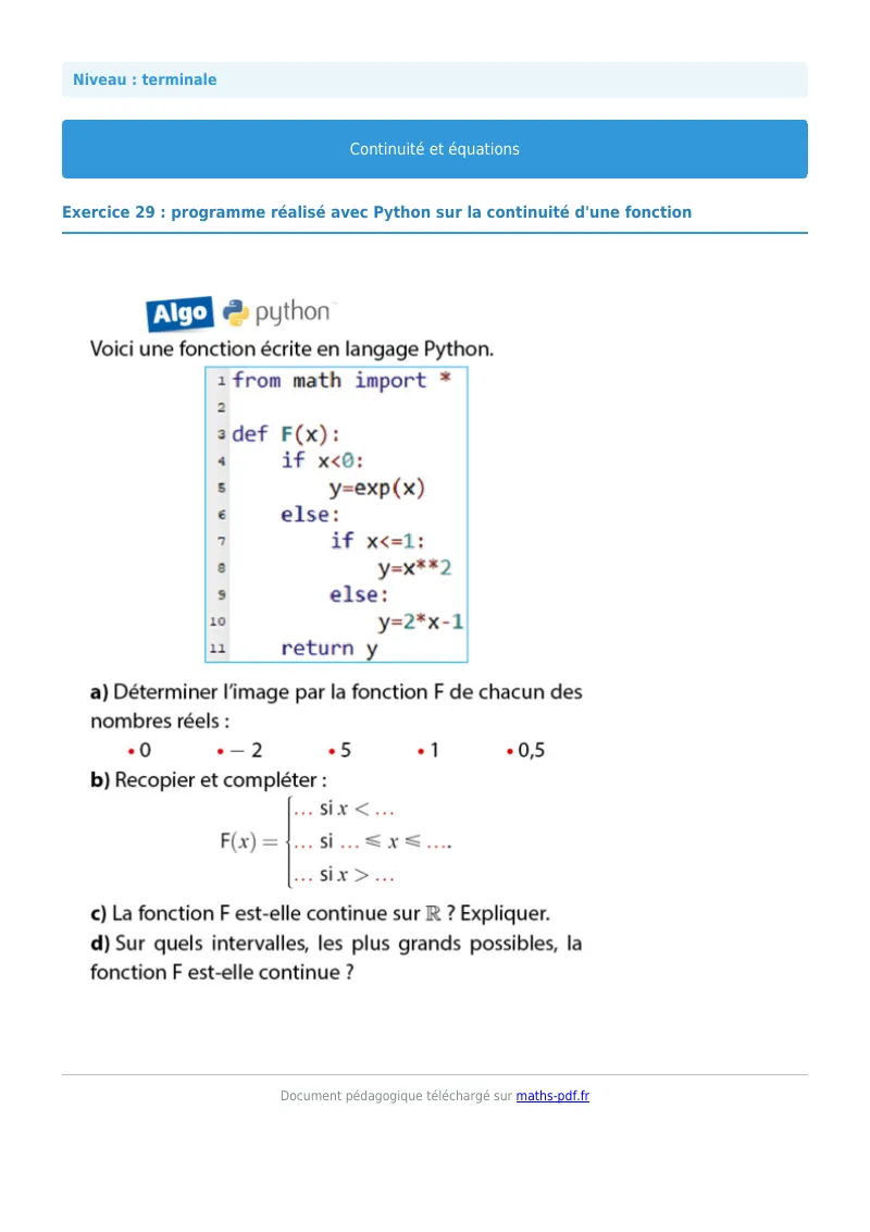 La continuité : exercice n°29 de maths en terminale corrigé en PDF