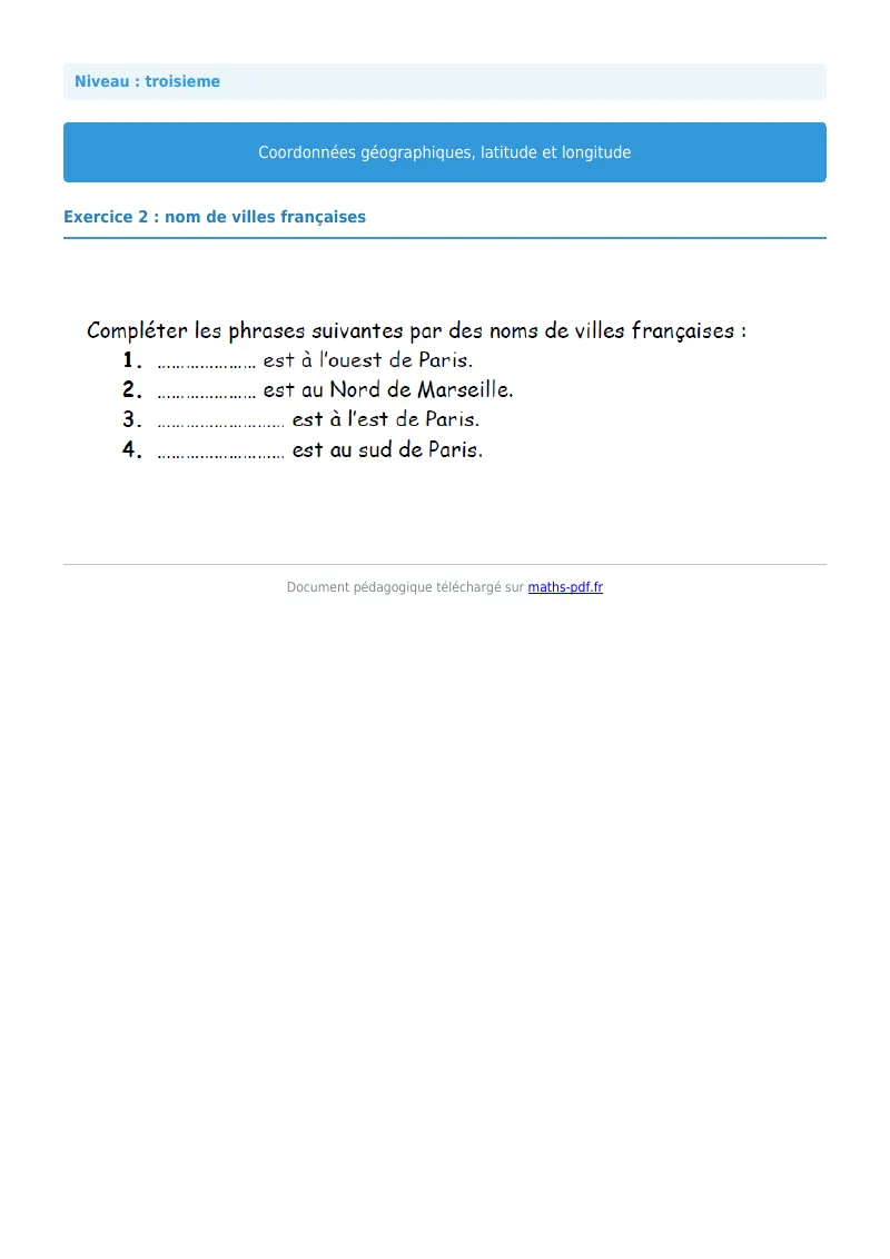 Coordonnées géographiques : exercice n°1 de maths en 3ème corrigé en PDF