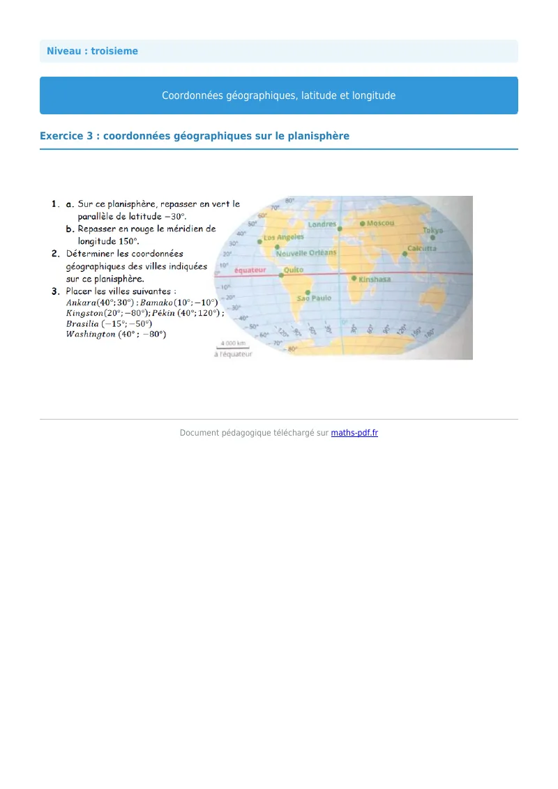Coordonnées géographiques : exercice n°3 de maths en 3ème corrigé en PDF