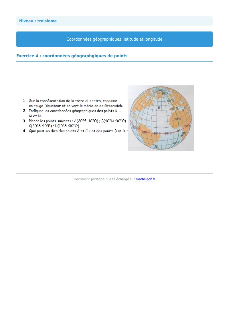 Coordonnées géographiques : exercice n°4 de maths en 3ème corrigé en PDF