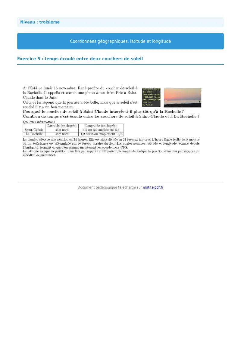 Coordonnées géographiques : exercice n°5 de maths en 3ème corrigé en PDF