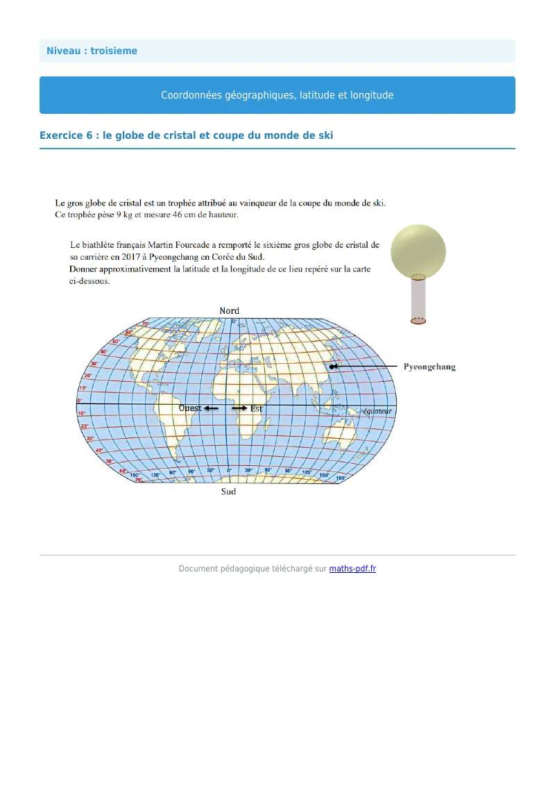 Coordonnées géographiques : exercice n°6 de maths en 3ème corrigé en PDF
