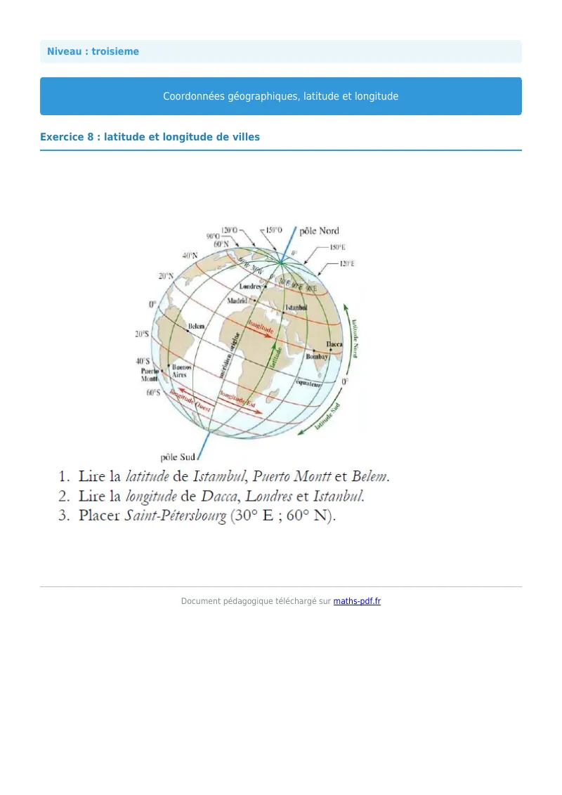 Coordonnées géographiques : exercice n°8 de maths en 3ème corrigé en PDF